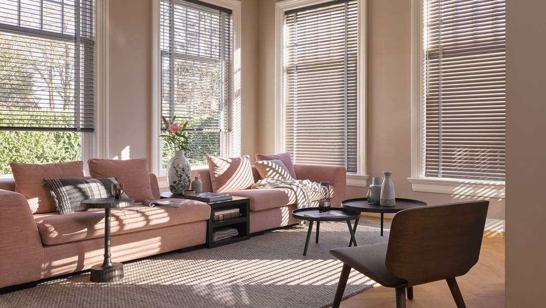 venetian blinds soft grey living room