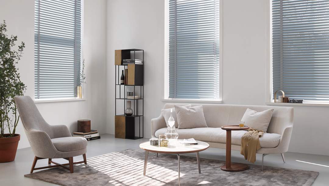 venetian blinds pastel blue living room